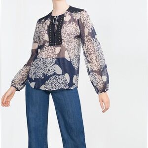 Zara navy and white print gold threads and studs semi sheer not lined size M